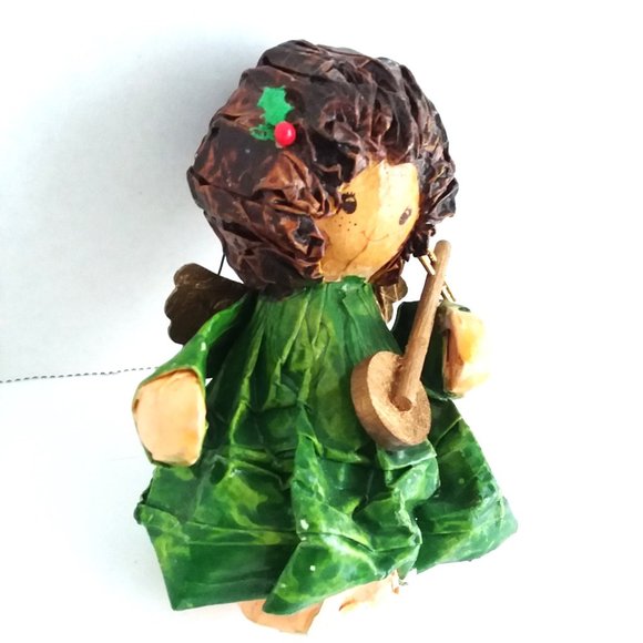 Ornament Angel VTG Christmas Paper Mache Handmade Decoupage Holly Instrument Fun - Picture 5 of 7